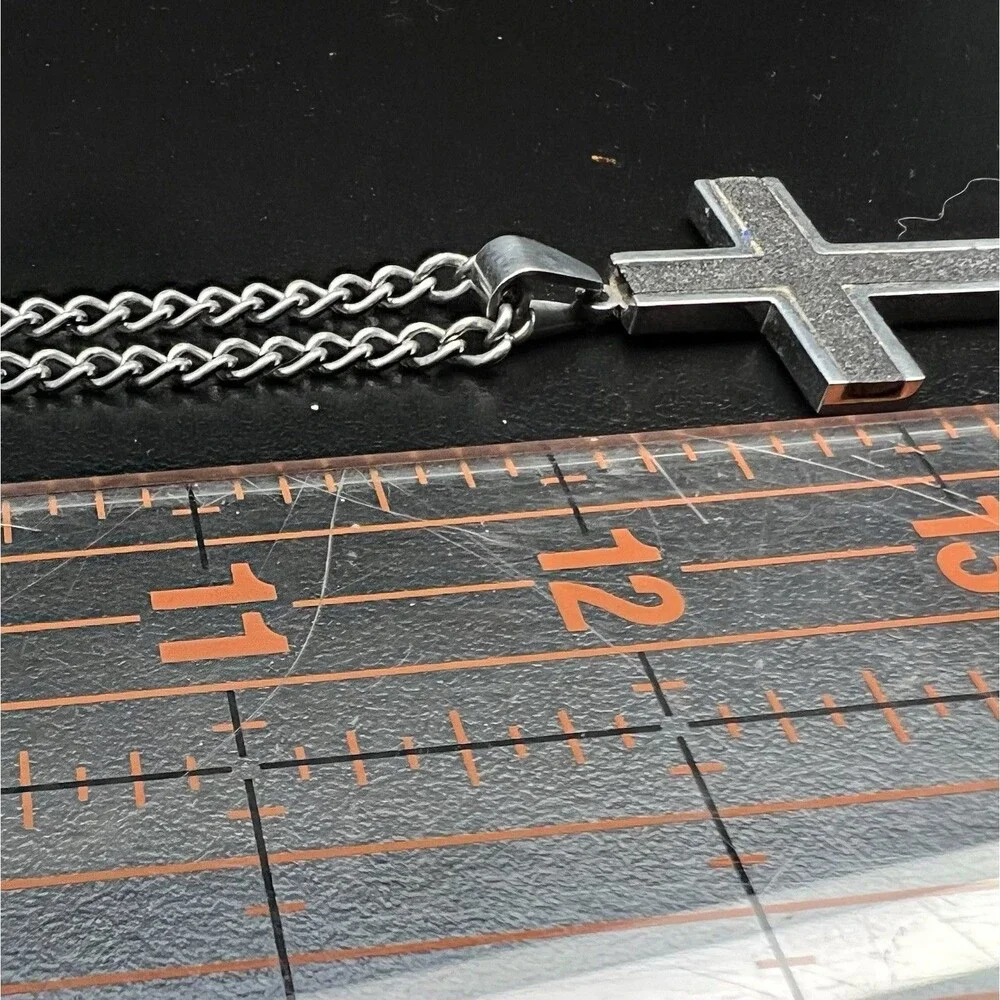 Cross Necklace- Black & Silver Tone 24” Chain- Lobster Claw Clasp